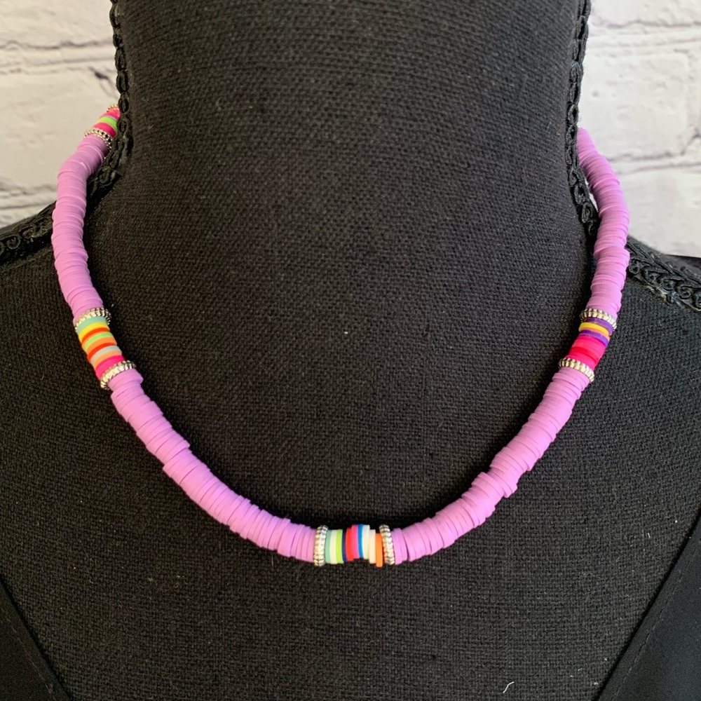 Vibrant Purple and Multicolor Polymer Bead Necklace